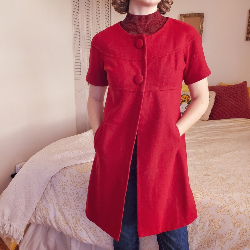 Baby Doll Wool Dress Coat Short Sleeve Pockets